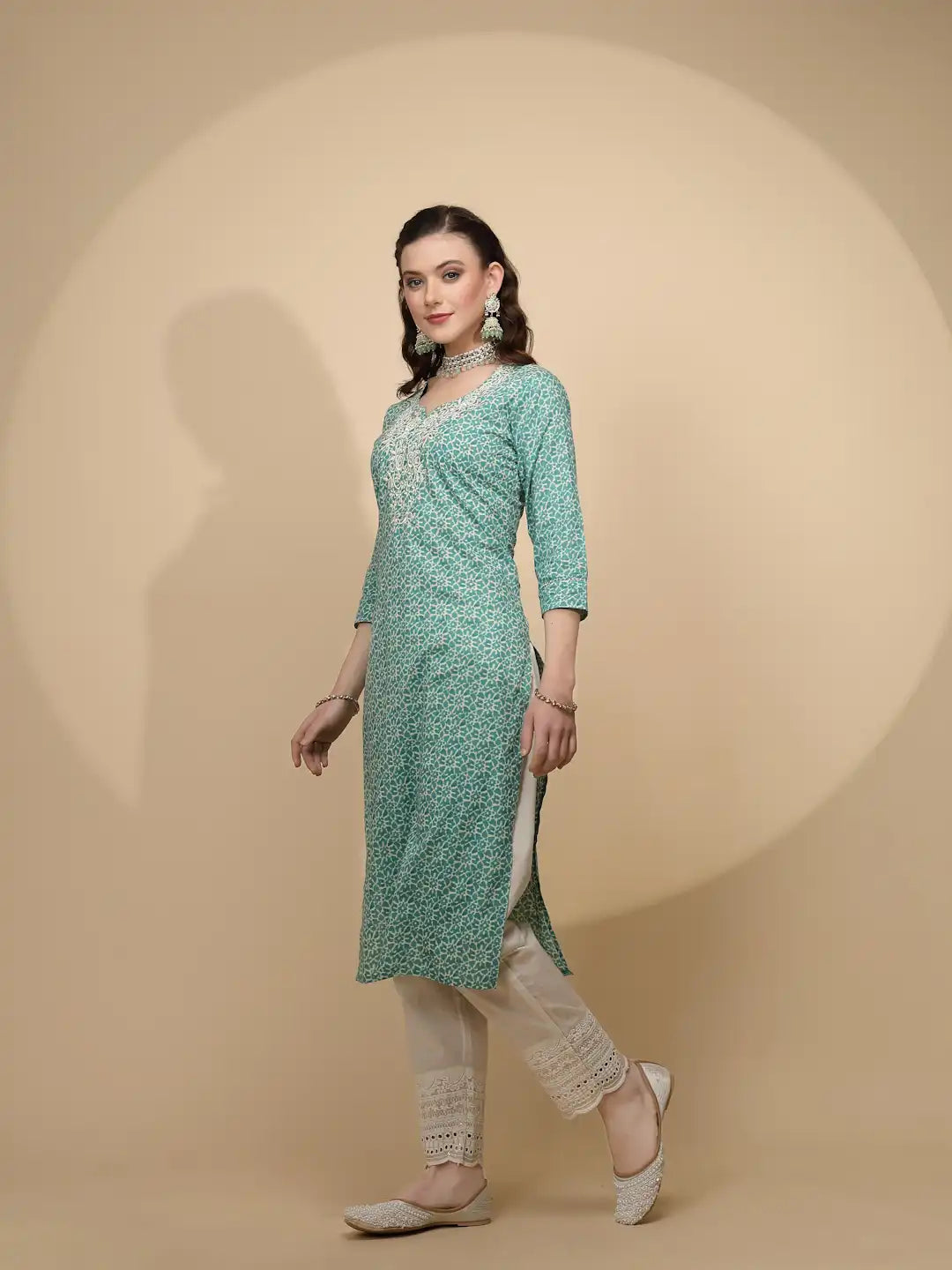 Green Cotton Regular Fit Suit Set For Women - Global Republic