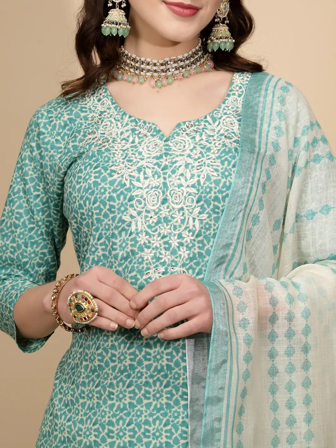 Green Cotton Regular Fit Suit Set For Women - Global Republic