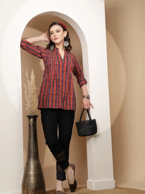 Red Polyester Blend Regular Fit Tunic For Women