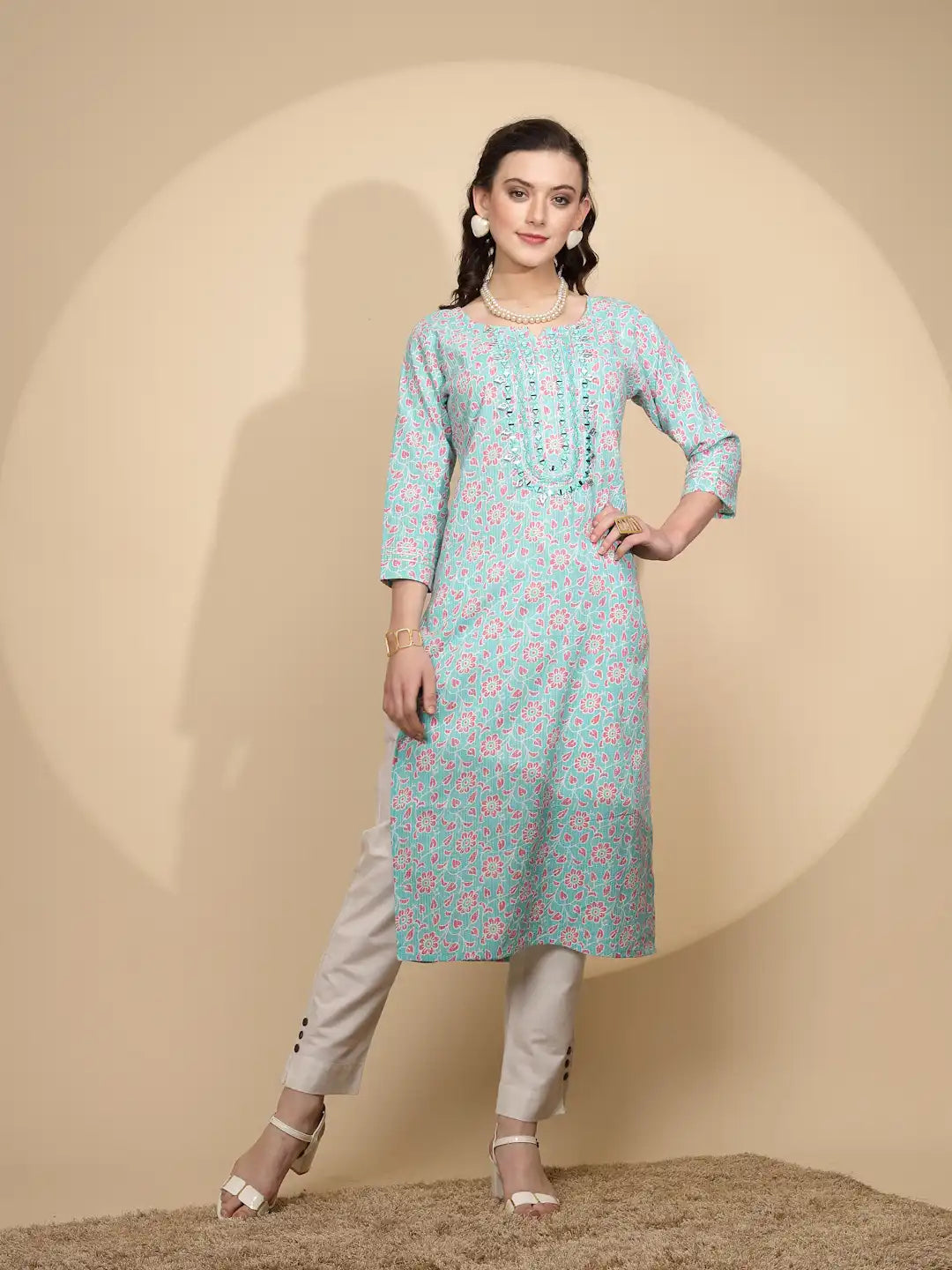 Firozi Cotton Regular Fit Kurta For Women - Global Republic