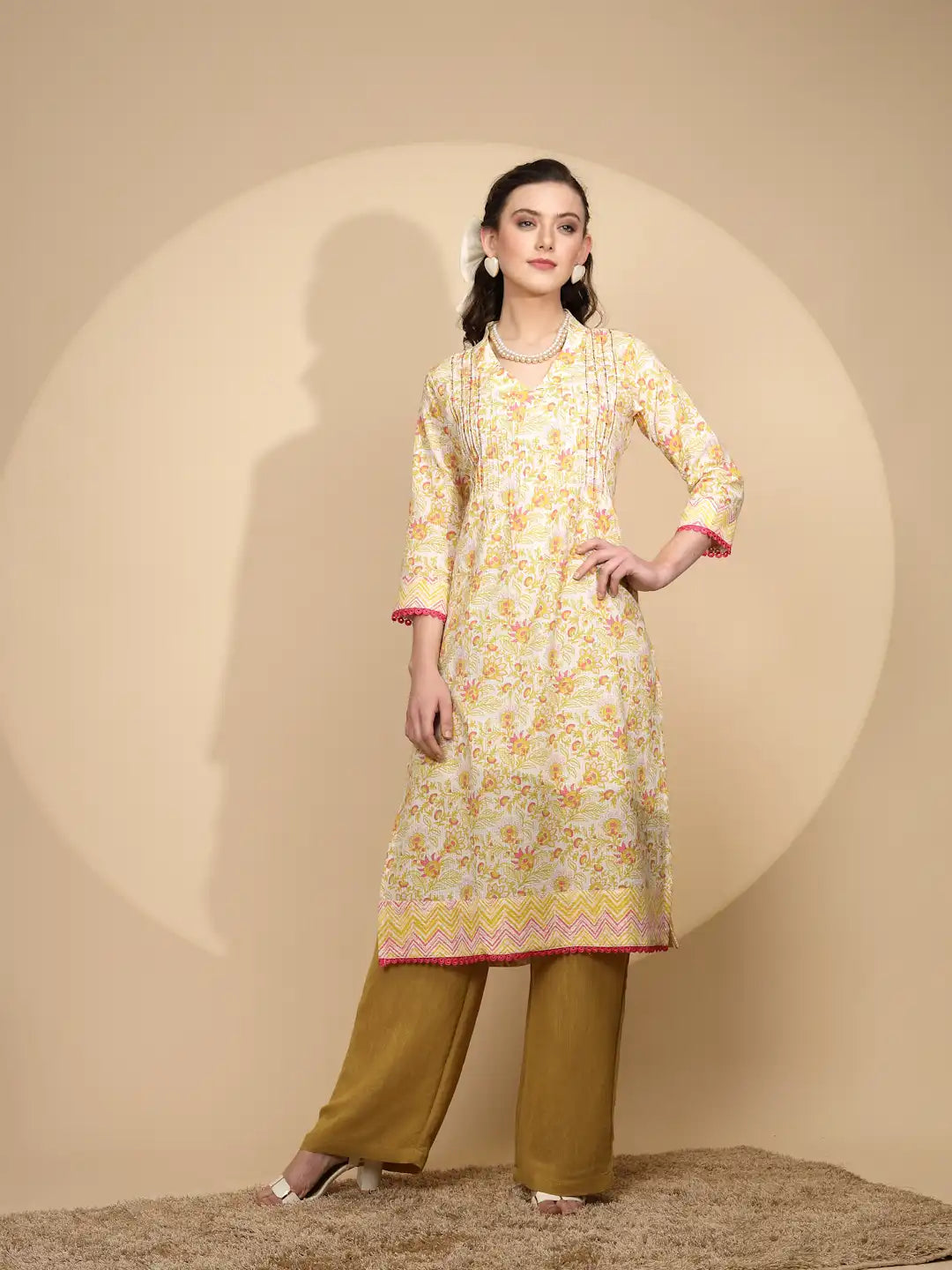 Yellow Floral Printed Cotton Kurta - Global Republic