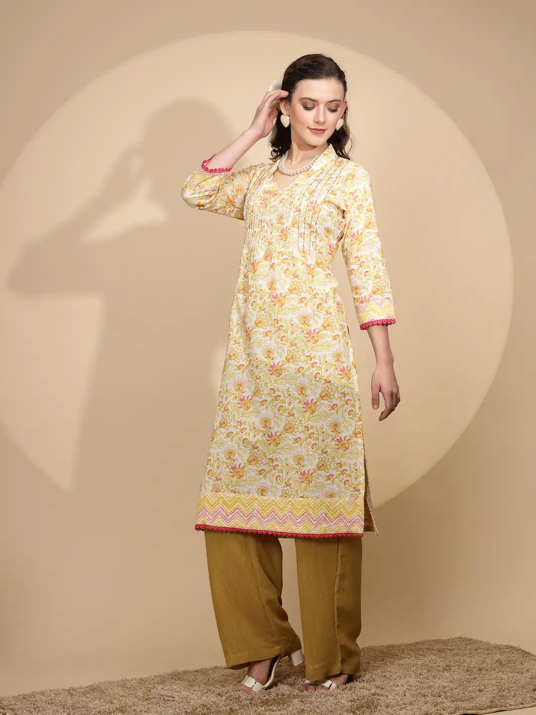 Yellow Floral Printed Cotton Kurta - Global Republic