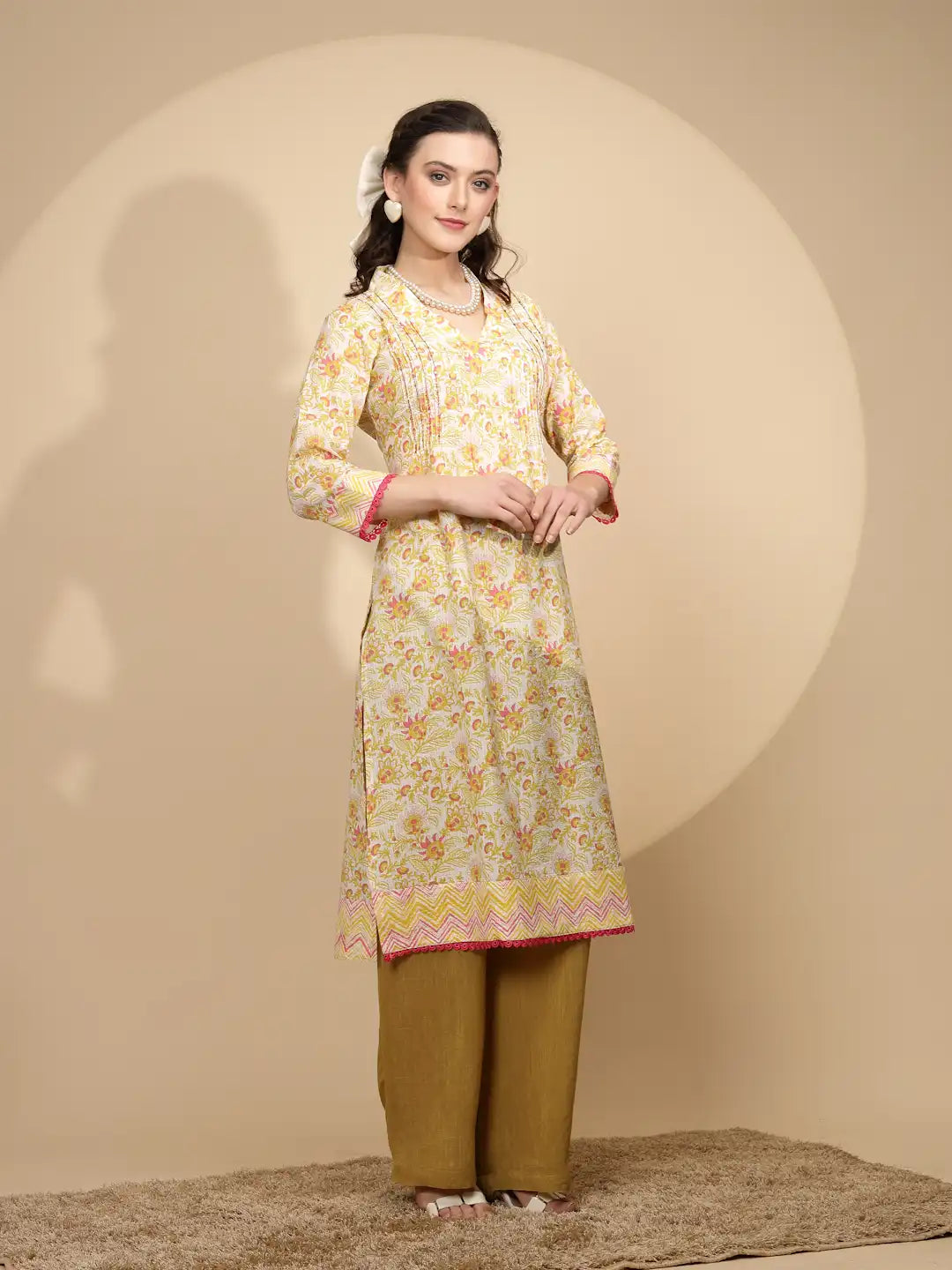 Yellow Floral Printed Cotton Kurta - Global Republic