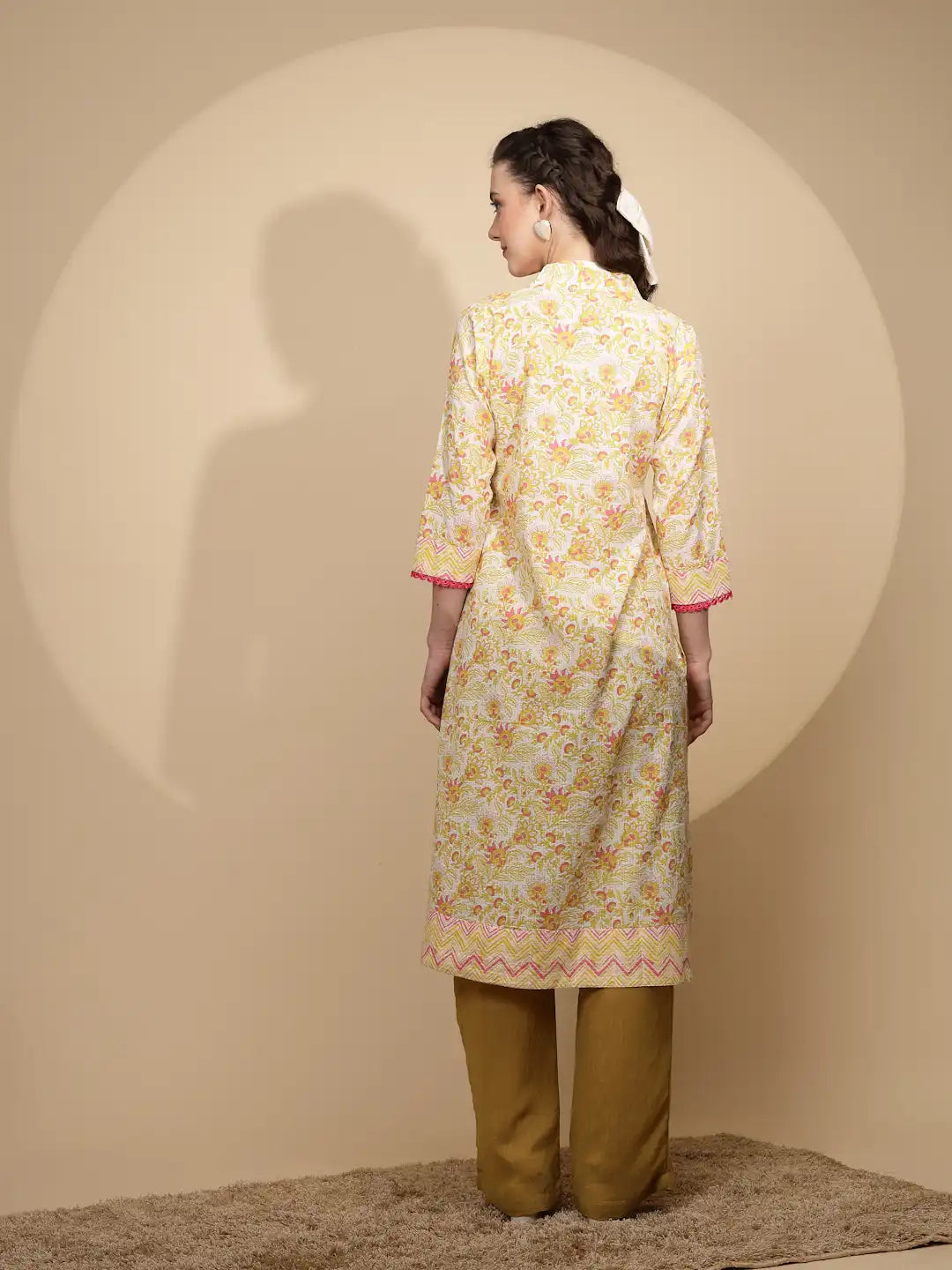 Yellow Floral Printed Cotton Kurta - Global Republic