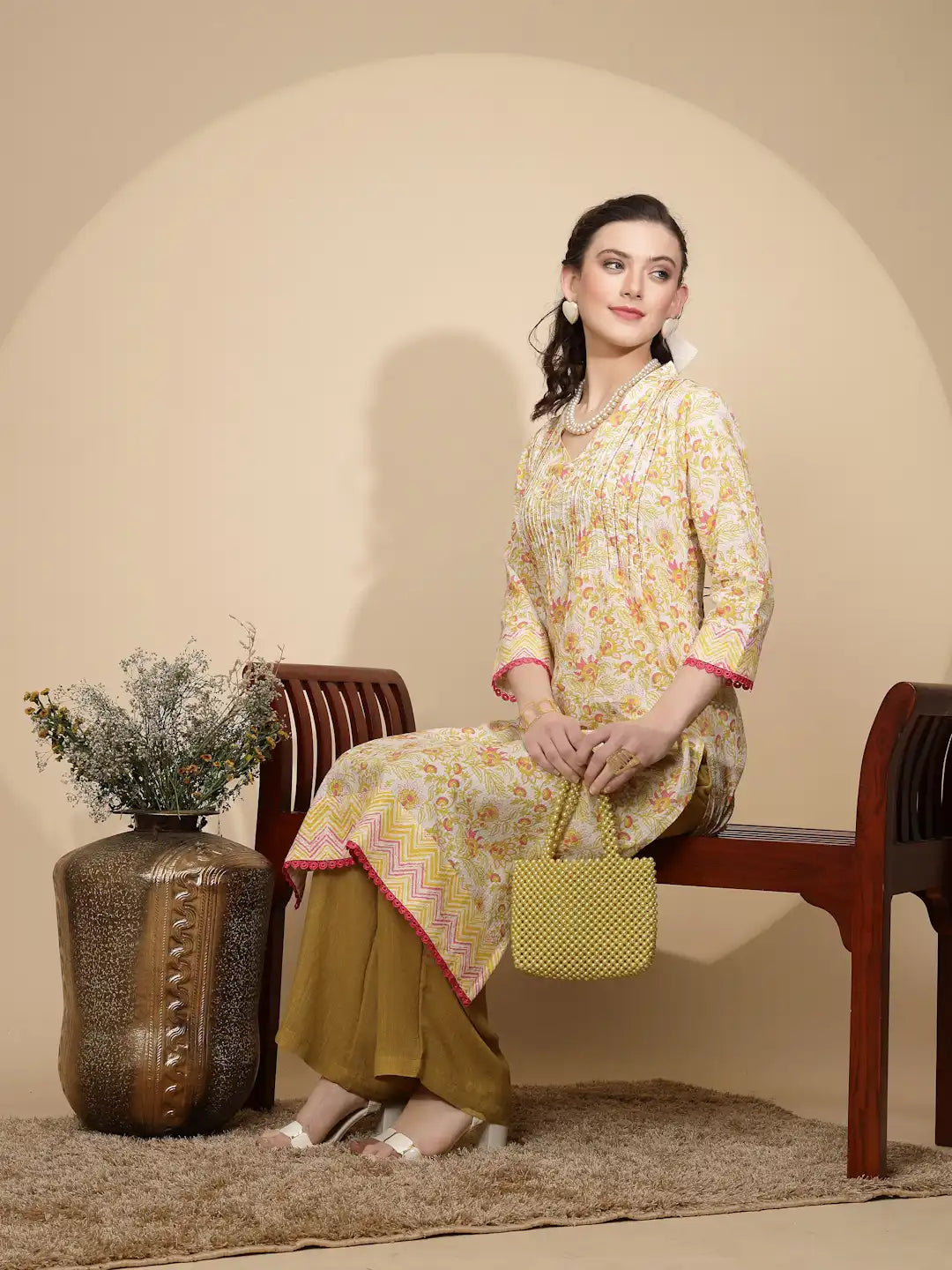 Yellow Floral Printed Cotton Kurta - Global Republic