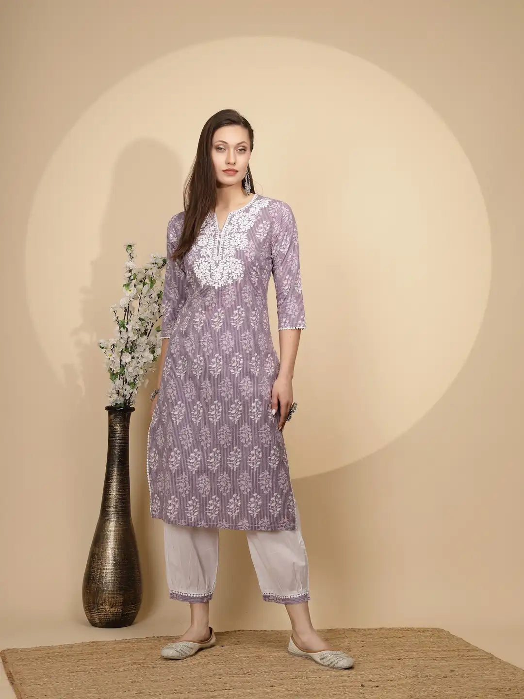 Lilac Cotton Regular Fit Kurta Set For Women