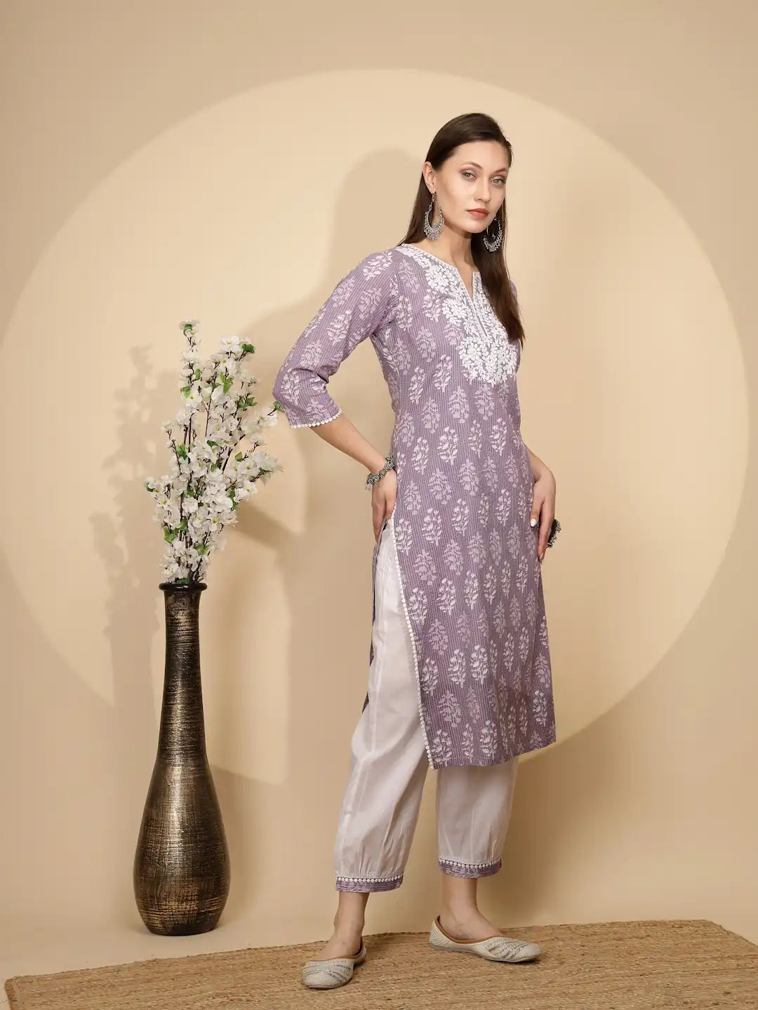 Lilac Cotton Regular Fit Kurta Set For Women