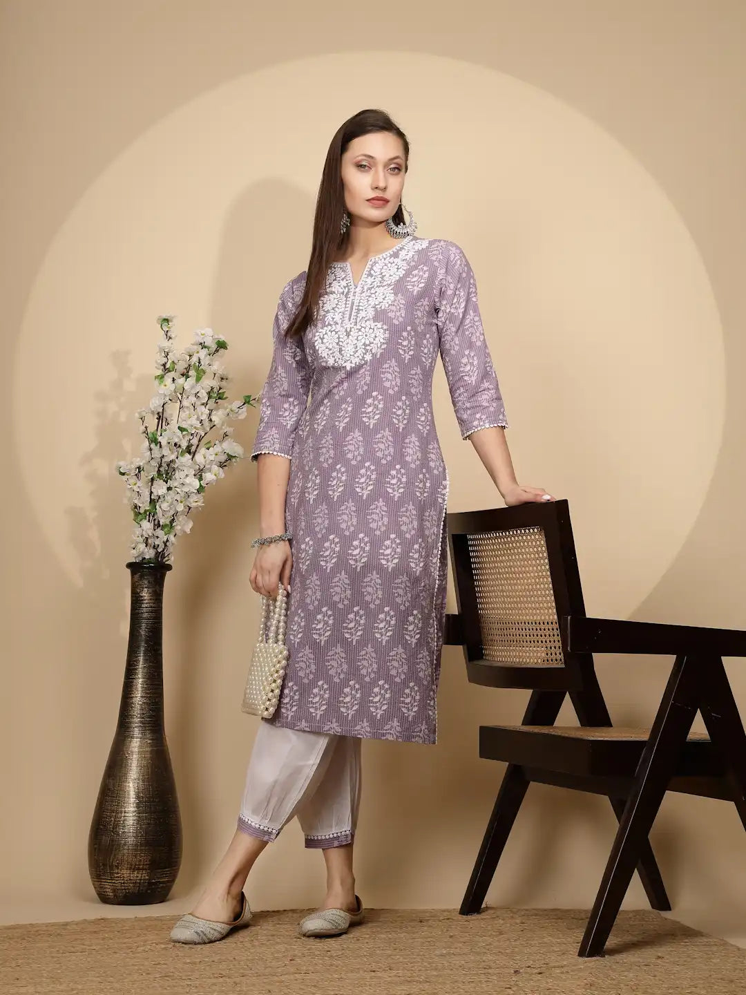Lilac Cotton Regular Fit Kurta Set For Women - Global Republic