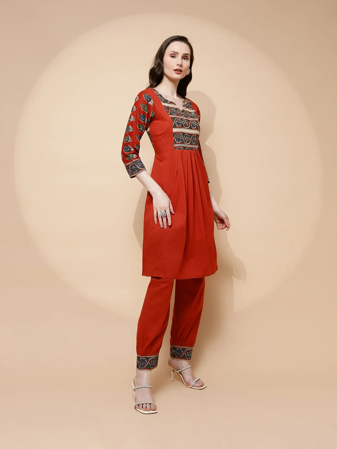 Rust Cotton Blend Loose Fit Tunic Set For Women - Global Republic