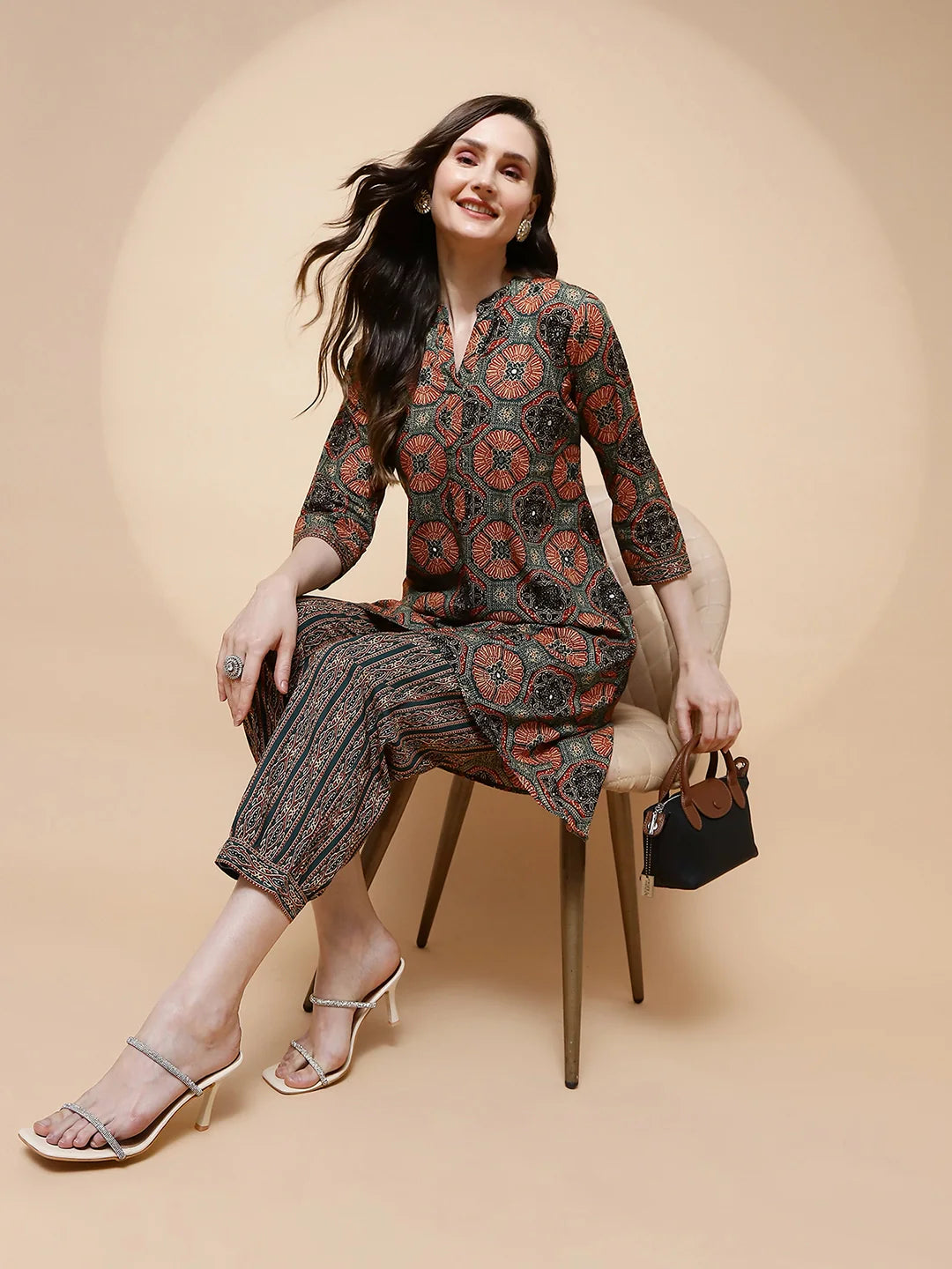 Rust Green Cotton Blend Loose Fit Kurta Set For Women - Global Republic