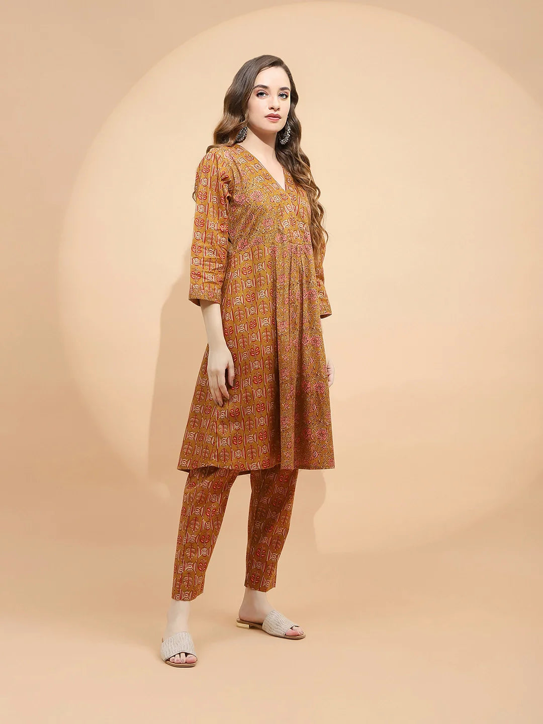Light Brown Printed Cotton Tunic Set - Global Republic