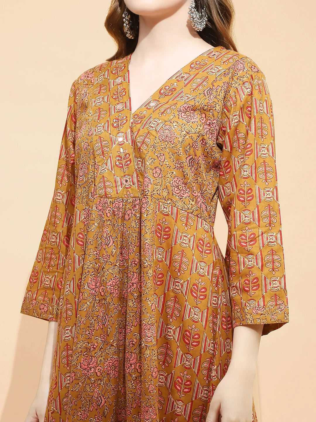 Light Brown Printed Cotton Tunic Set - Global Republic