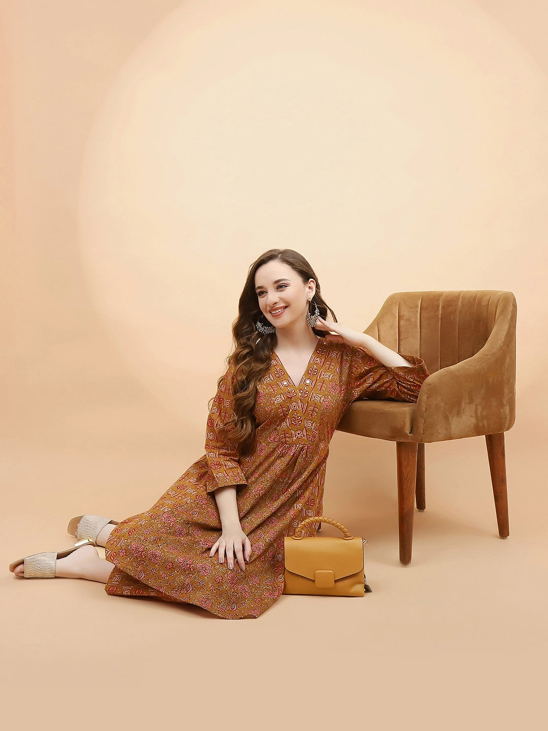 Light Brown Printed Cotton Tunic Set - Global Republic