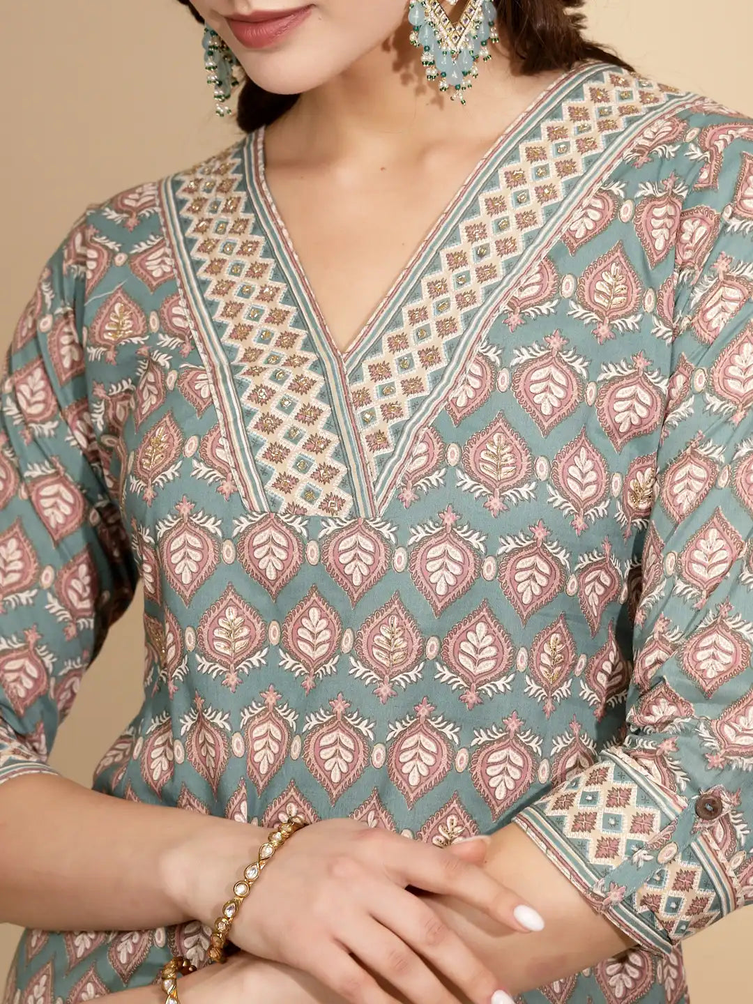 Blue Cotton Regular Fit Kurta Set For Women - Global Republic