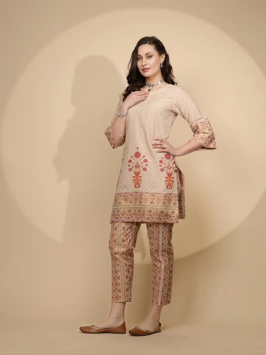 Beige Cotton Regular Fit Kurta Set For Women - Global Republic