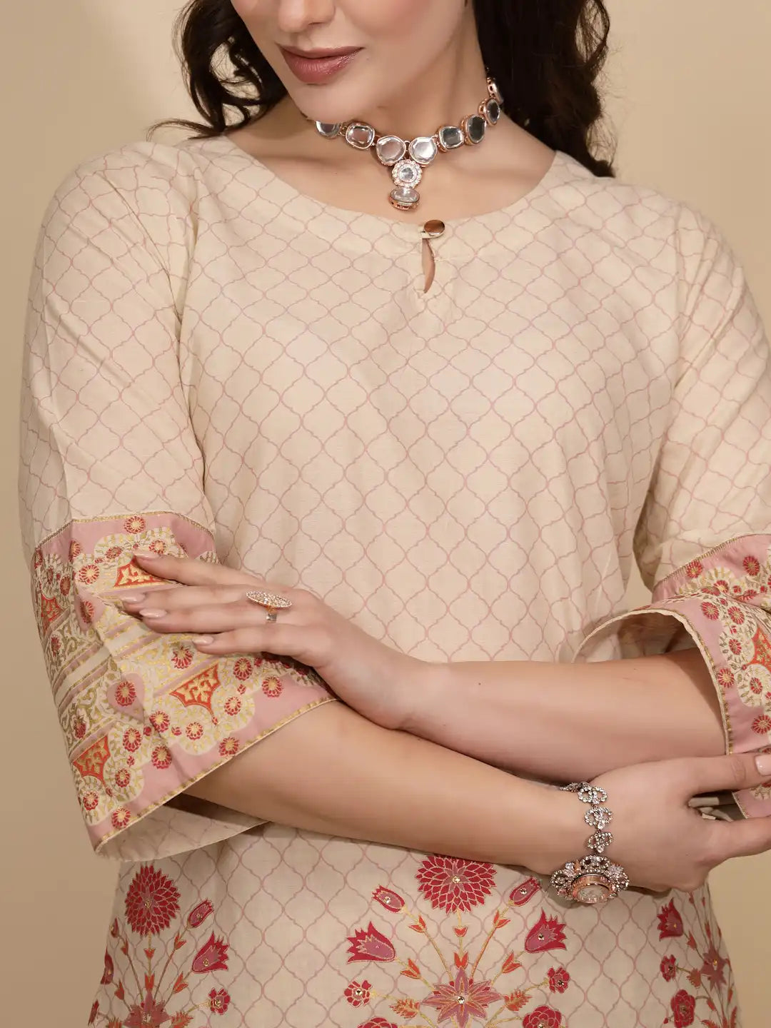 Beige Cotton Regular Fit Kurta Set For Women - Global Republic