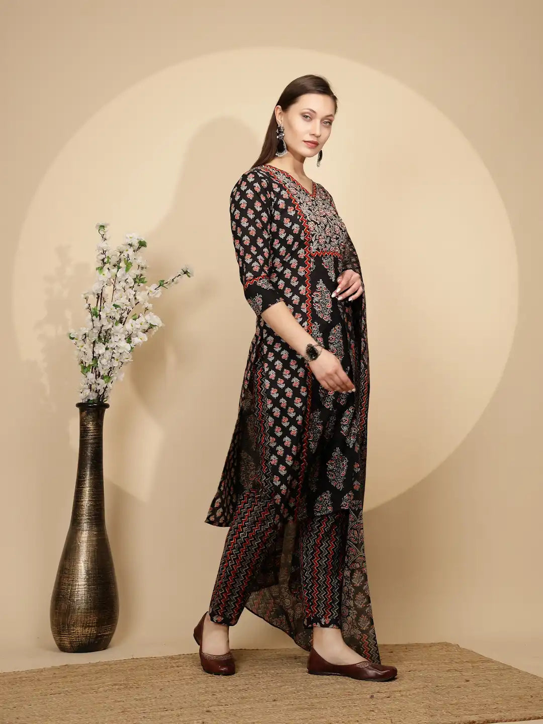 Black Cotton Regular Fit Suit Set For Women - Global Republic