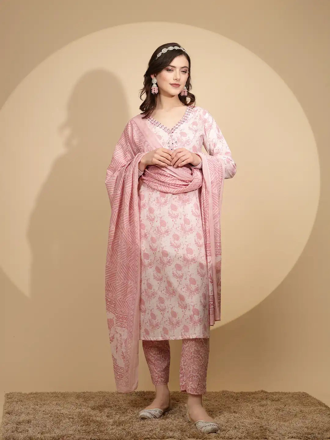 Pink Cotton Regular Fit Suit Set For Women - Global Republic