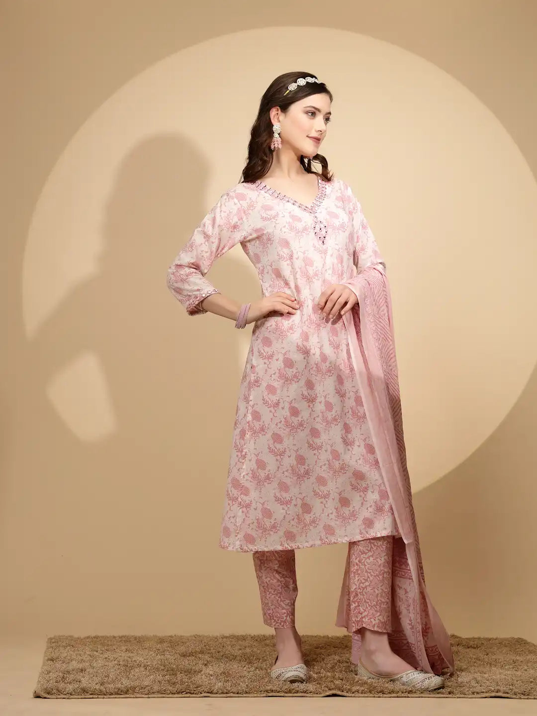 Pink Cotton Regular Fit Suit Set For Women - Global Republic