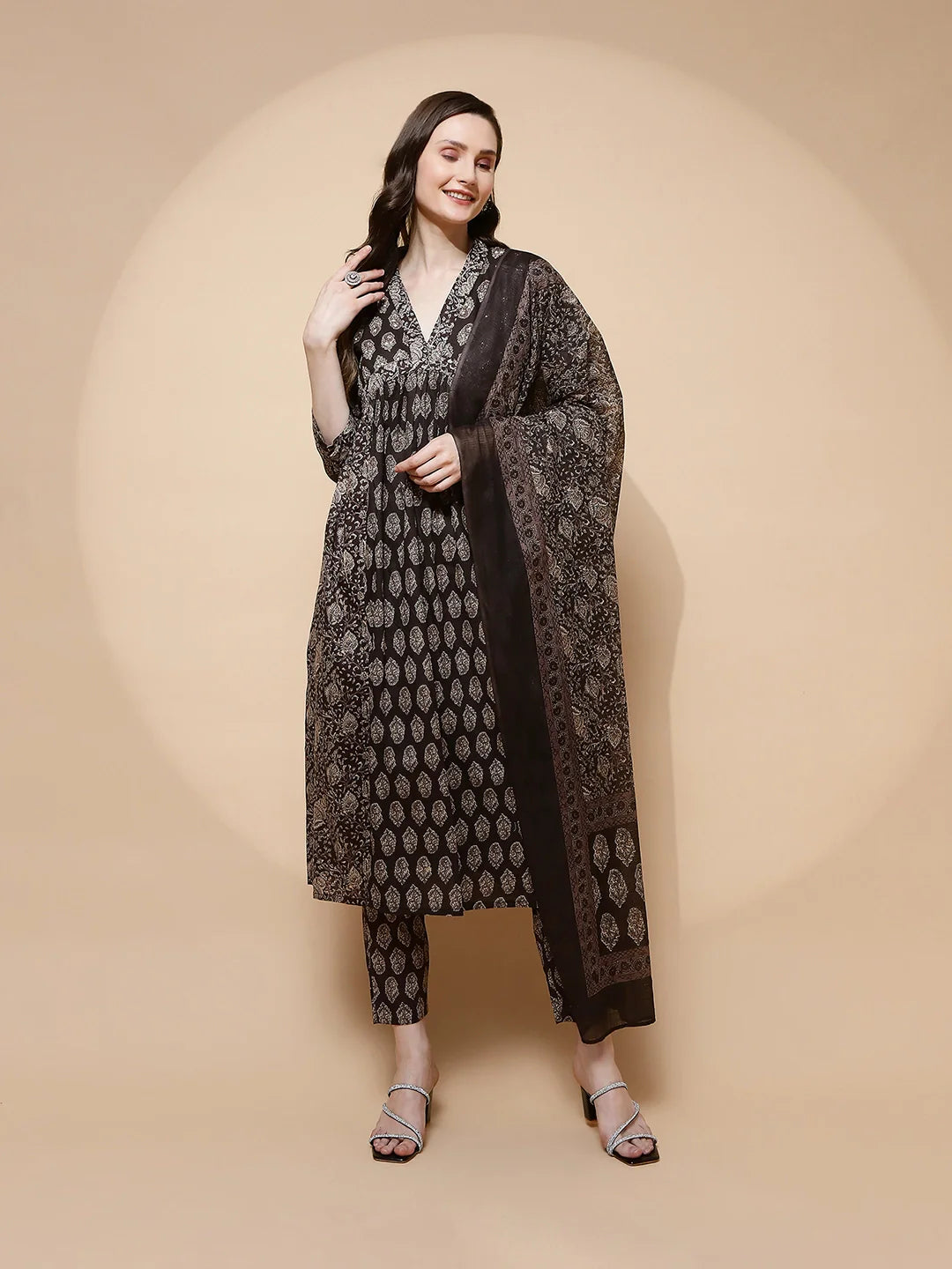 Coffee Cotton Blend Loose Fit Suit Set For Women - Global Republic
