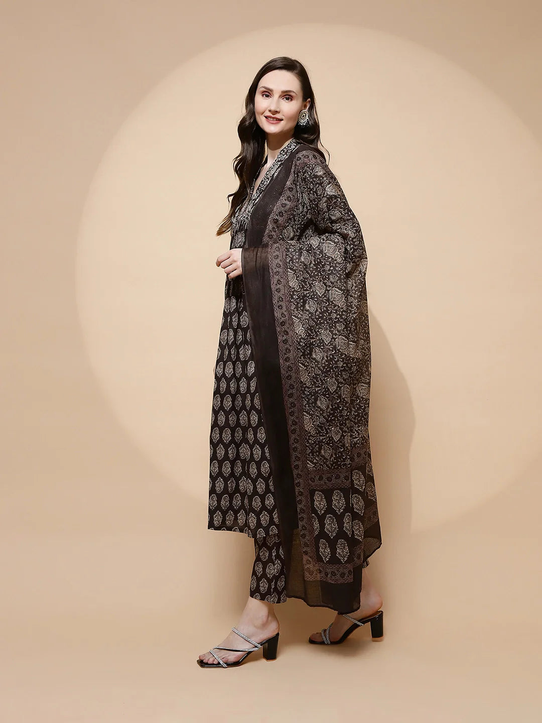 Coffee Cotton Blend Loose Fit Suit Set For Women - Global Republic
