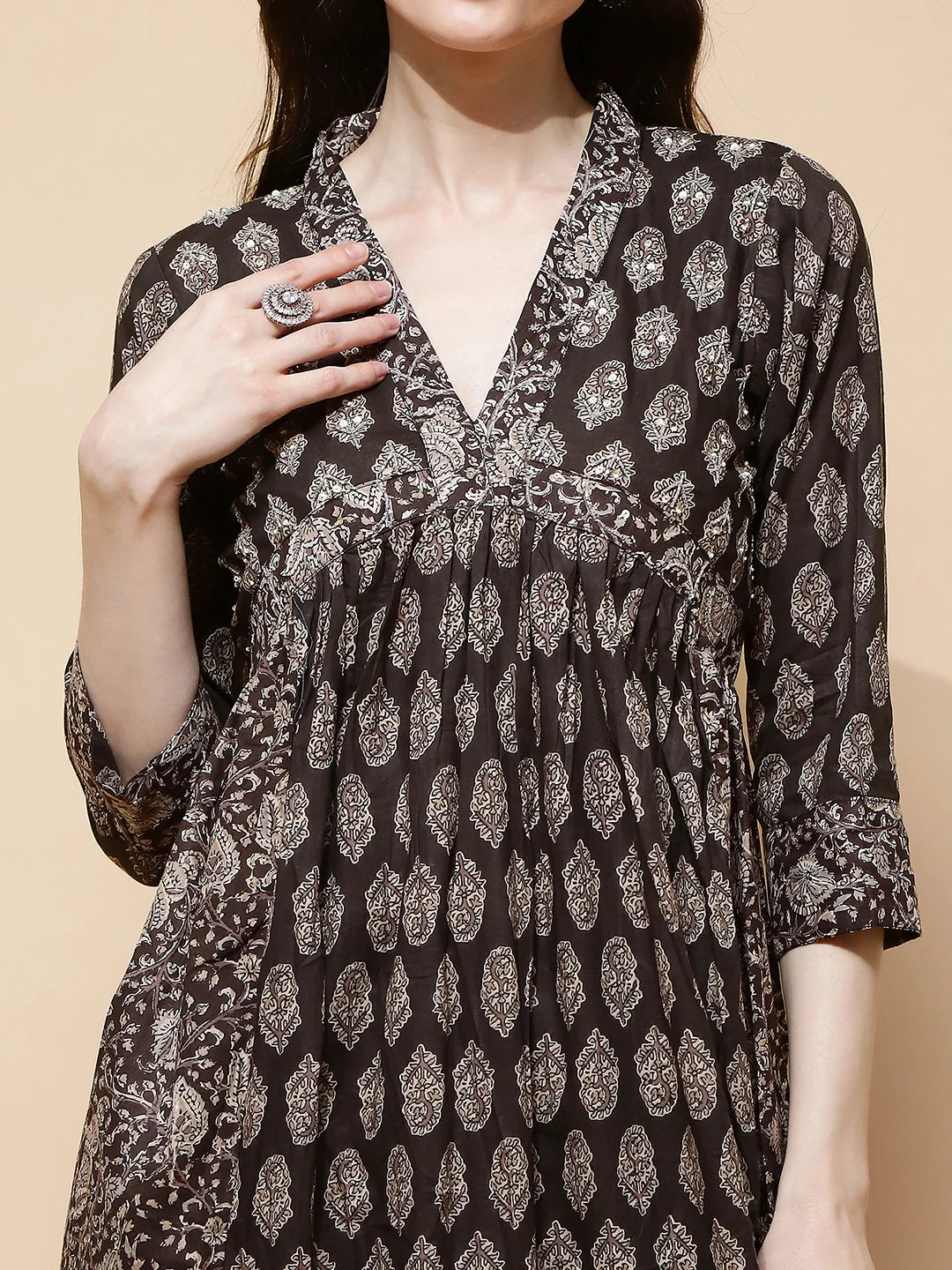 Coffee Cotton Blend Loose Fit Suit Set For Women - Global Republic