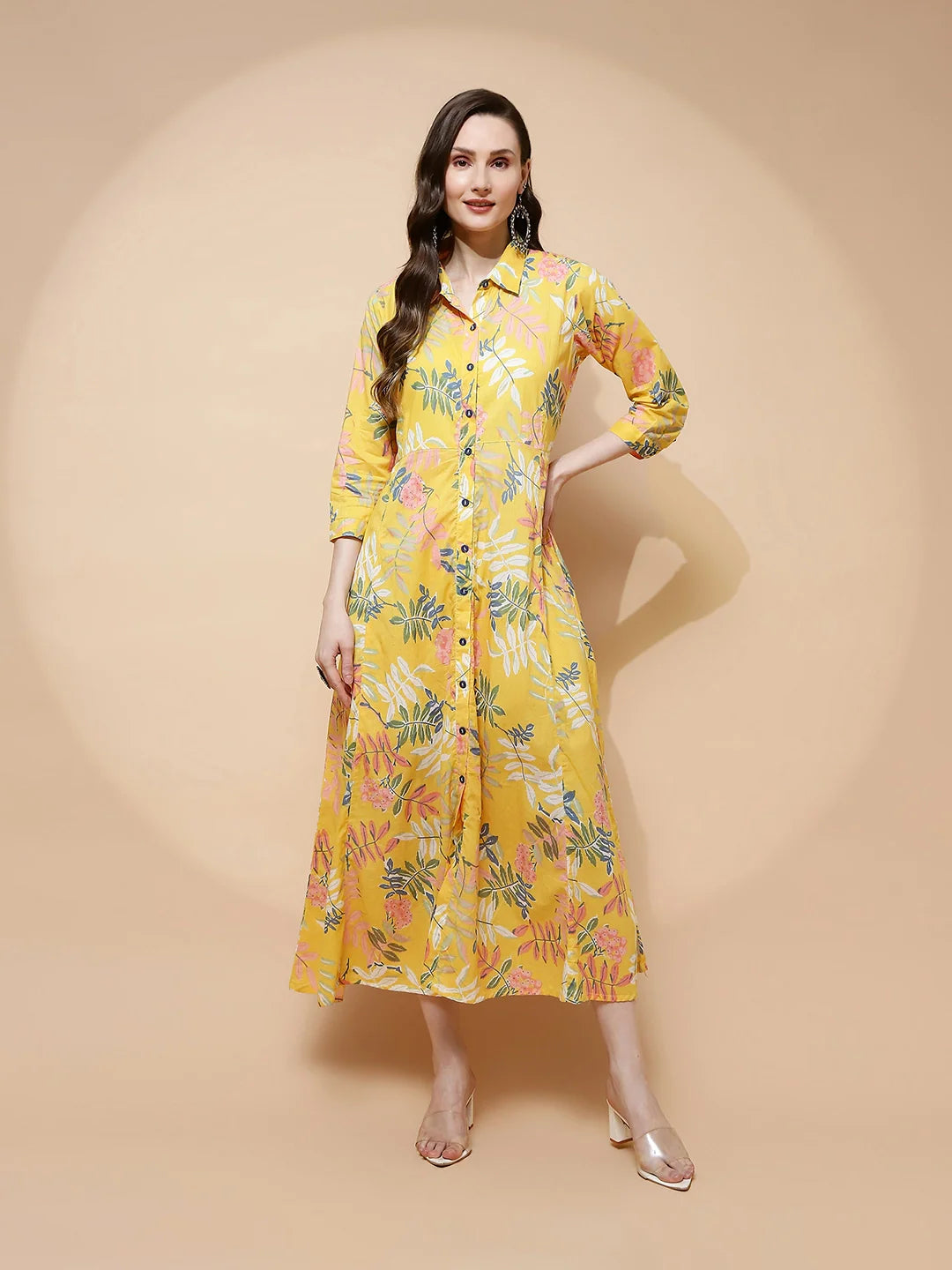 Yellow Cotton Blend Regular Fit Dress For Women