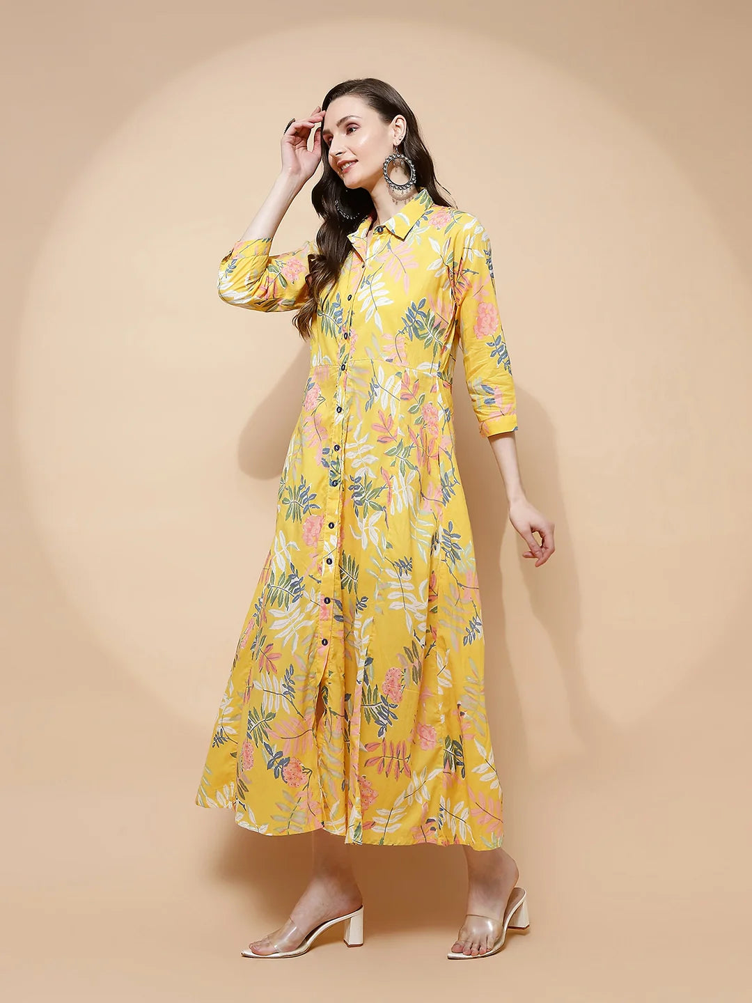 Yellow Cotton Blend Regular Fit Dress For Women - Global Republic