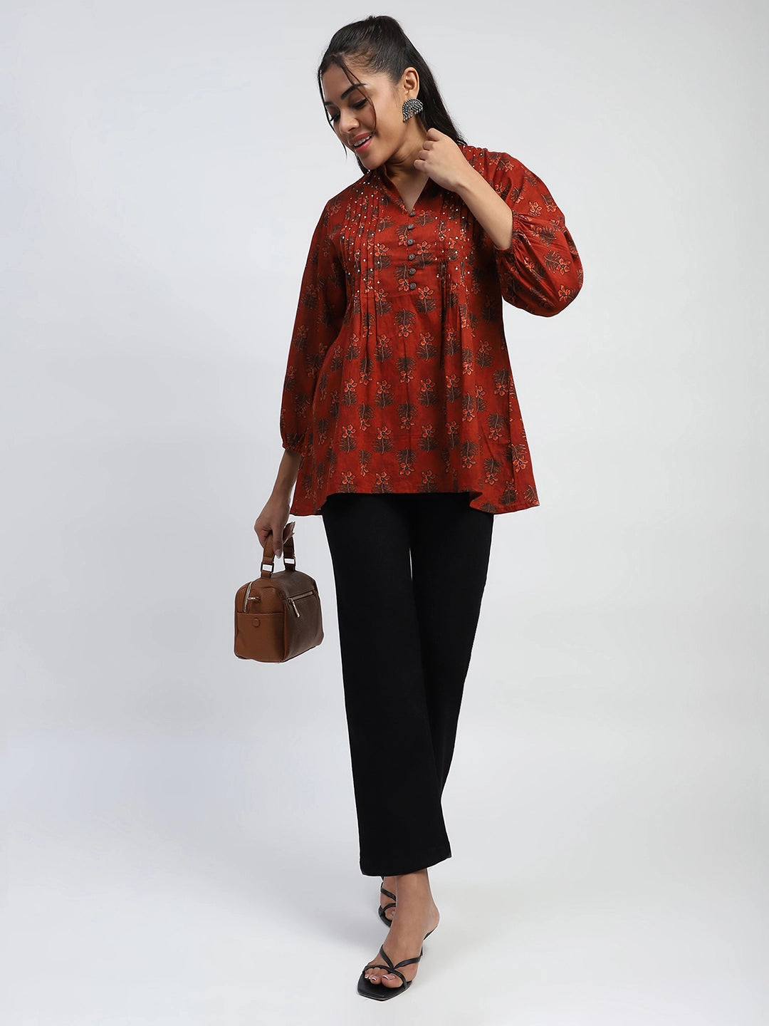 Rust Floral Print Cotton Tunic - Global Republic