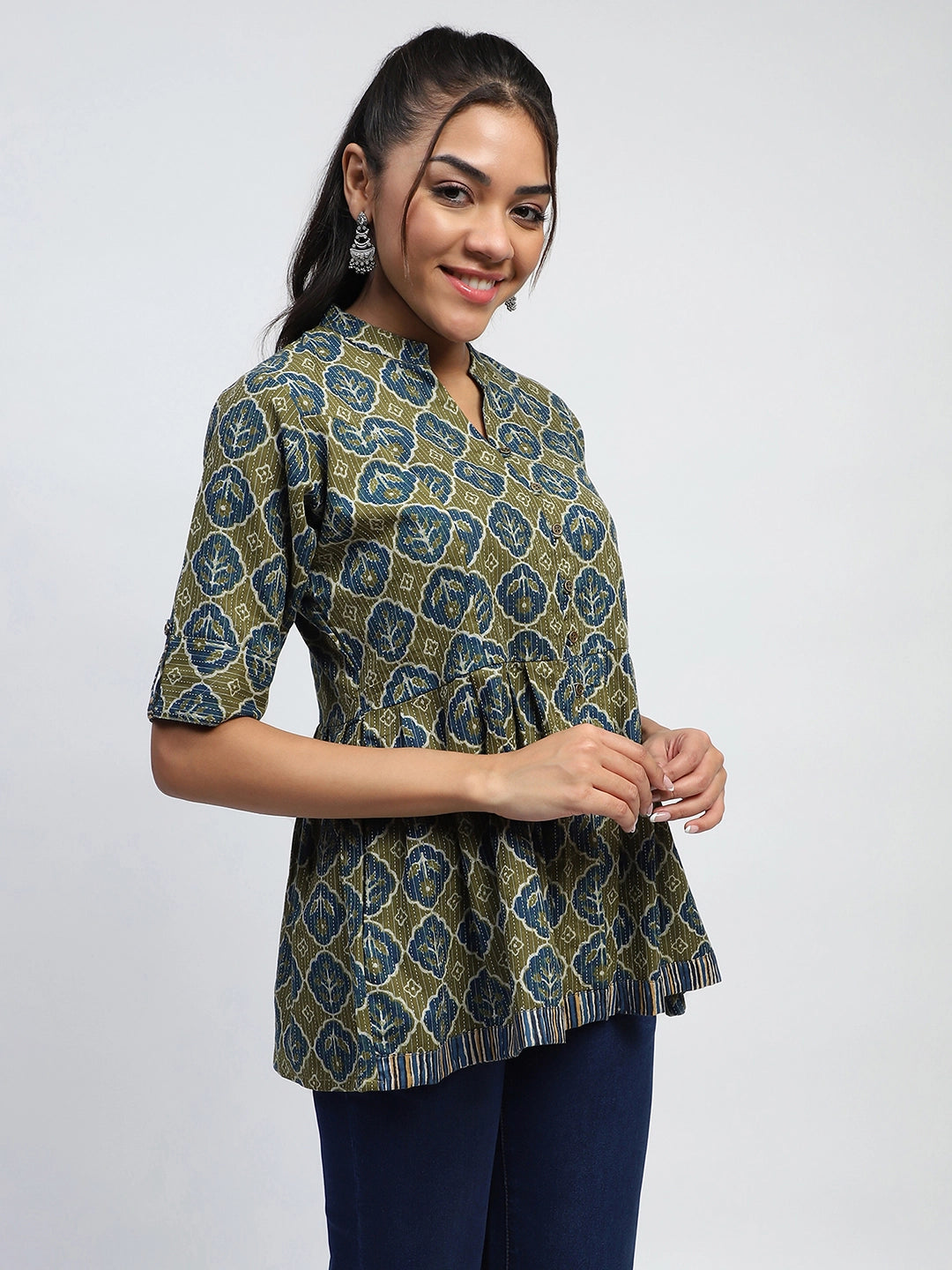 Green Ajrakh Cotton Regular Fit Tunic - Global Republic