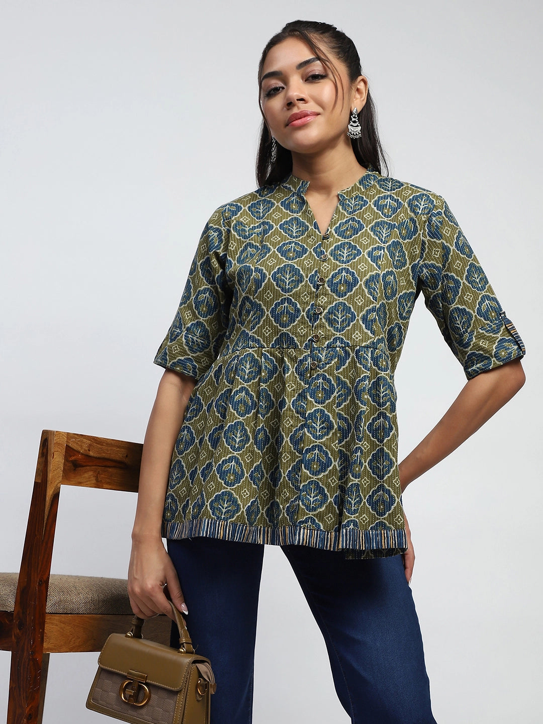 Green Ajrakh Cotton Regular Fit Tunic - Global Republic