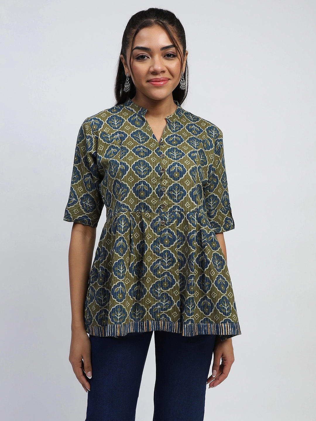 Green Ajrakh Cotton Regular Fit Tunic - Global Republic