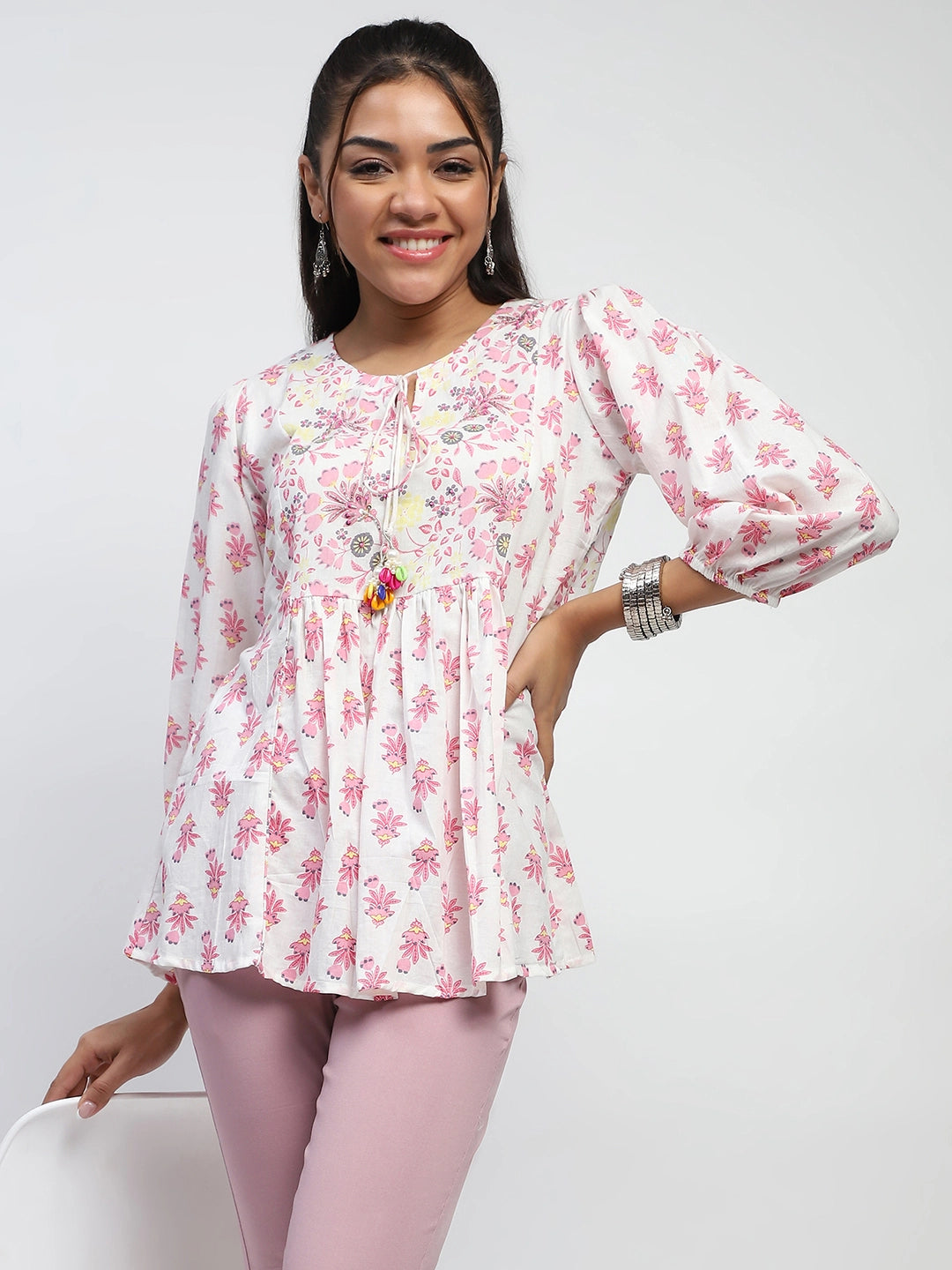 White Floral Embroidered Cotton Tunic - Global Republic