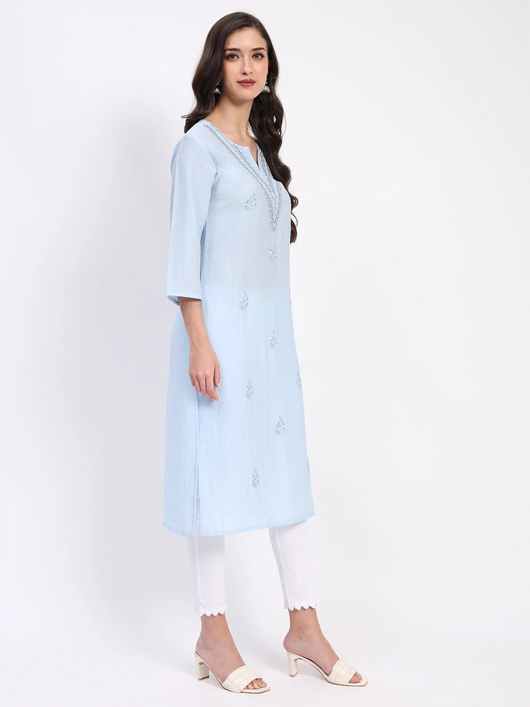 Powder Blue Linen Blend Embroidered Kurta - Global Republic