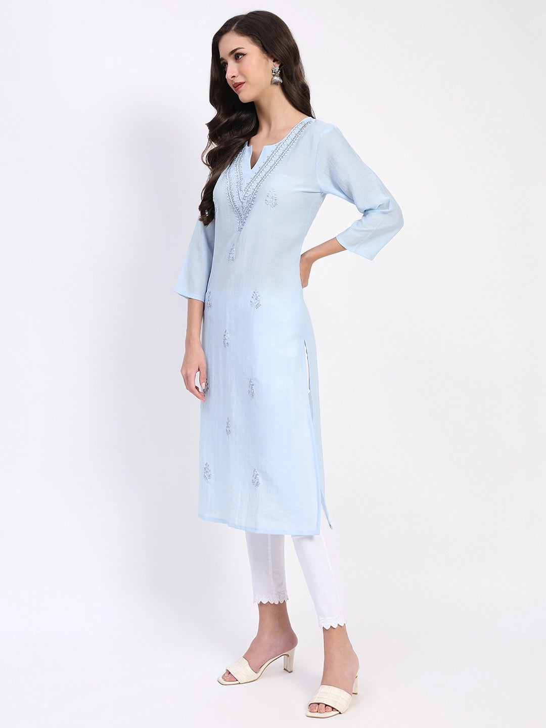 Powder Blue Linen Blend Embroidered Kurta - Global Republic