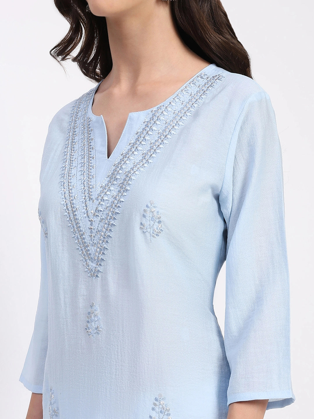 Powder Blue Linen Blend Embroidered Kurta - Global Republic