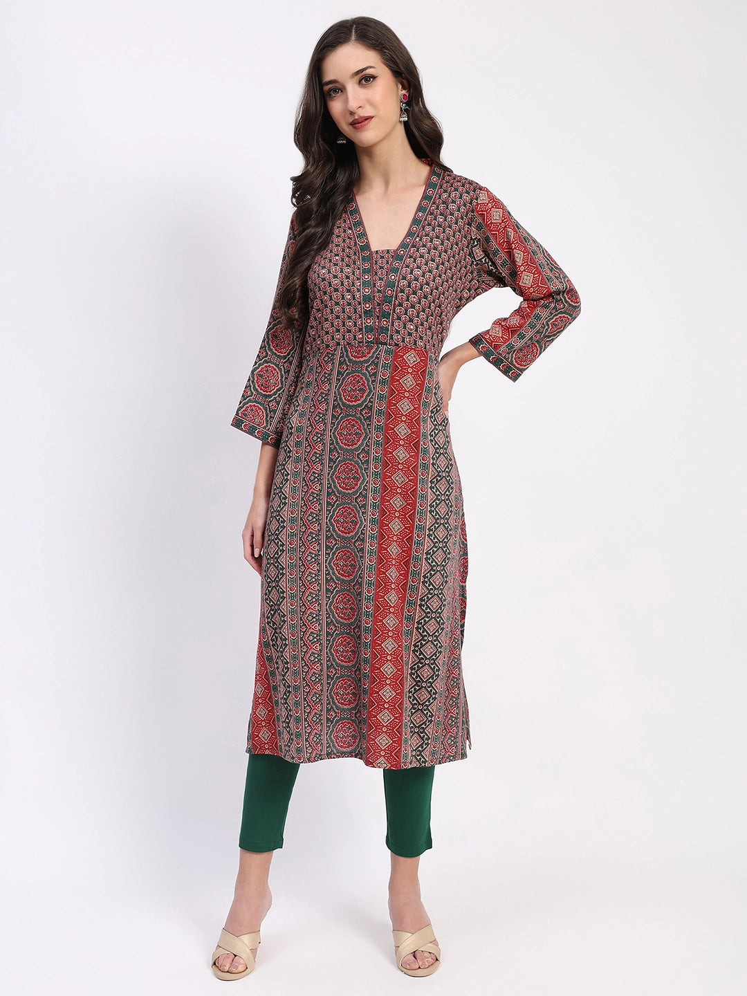 Ethnic Print Embellished Cotton A-Line Kurta - Global Republic