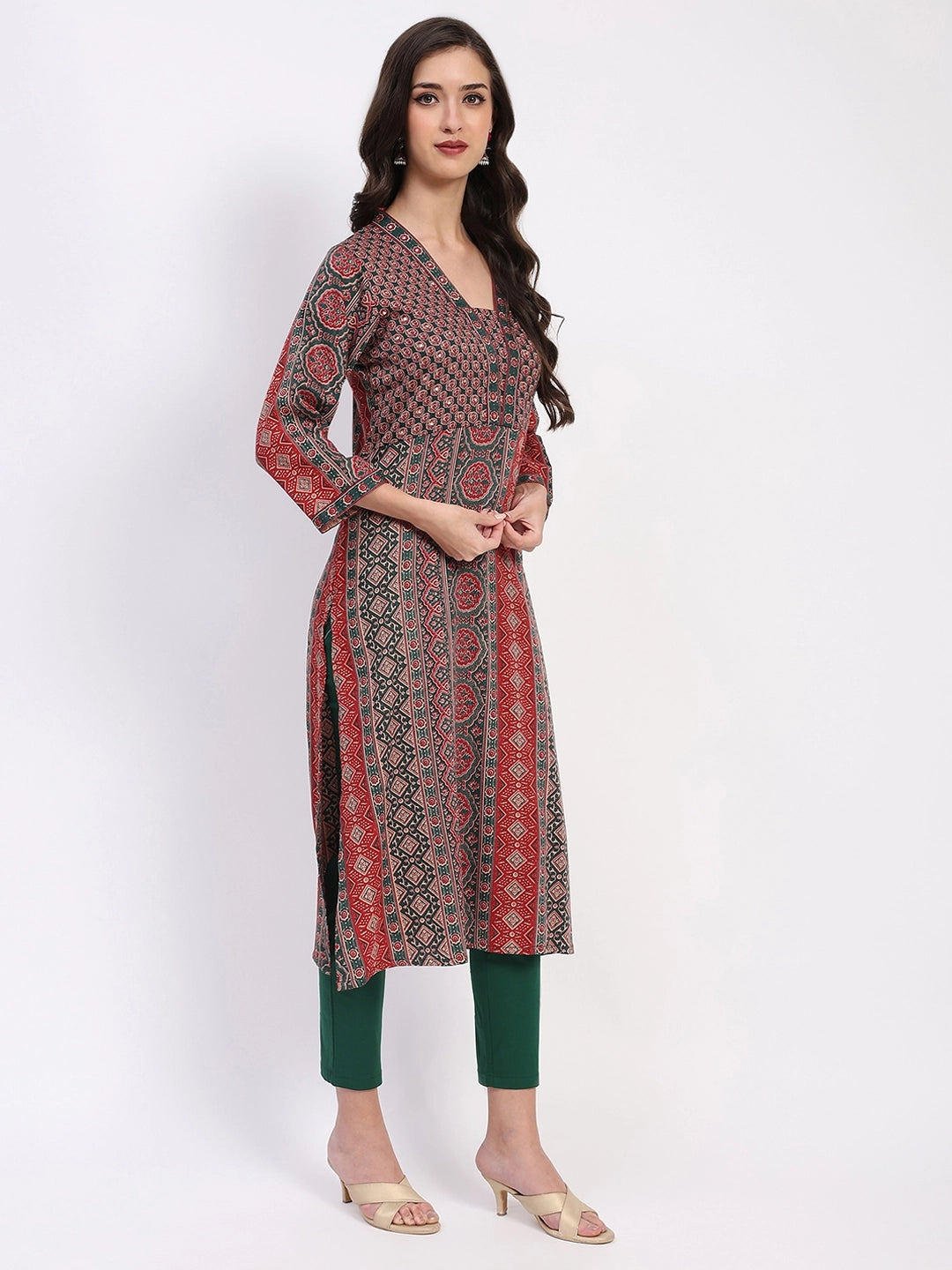 Ethnic Print Embellished Cotton A-Line Kurta - Global Republic