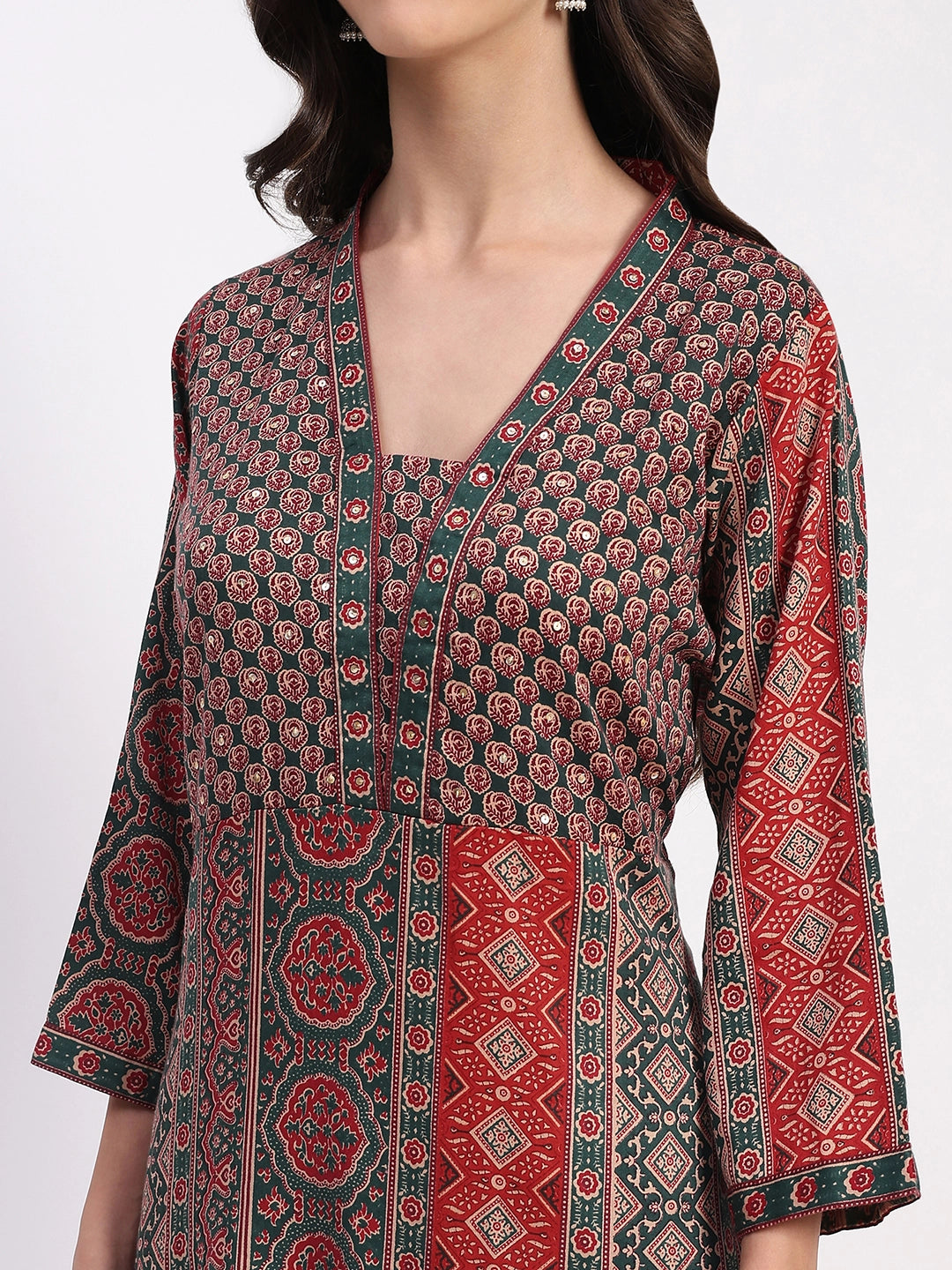 Ethnic Print Embellished Cotton A-Line Kurta - Global Republic
