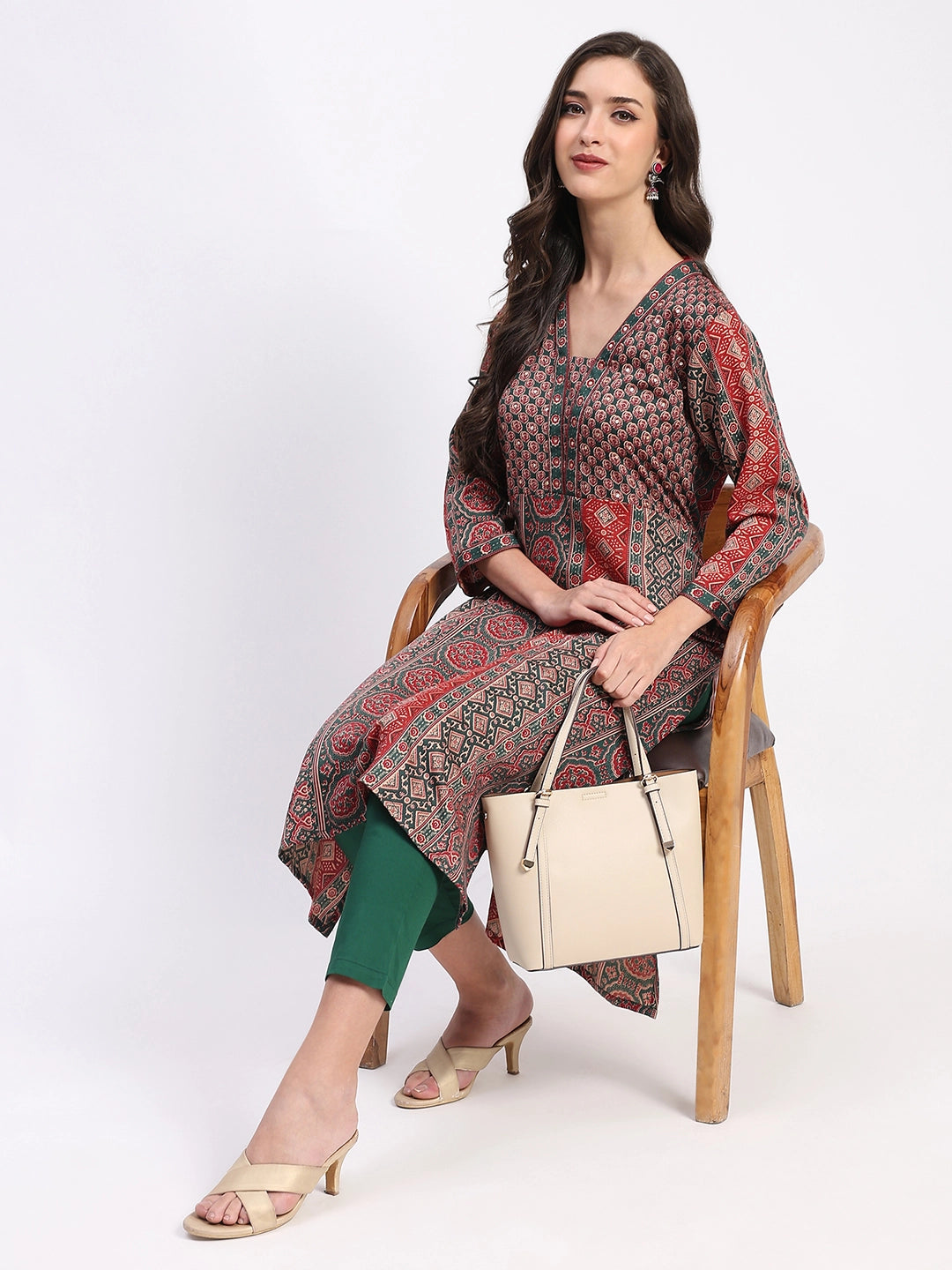 Ethnic Print Embellished Cotton A-Line Kurta - Global Republic