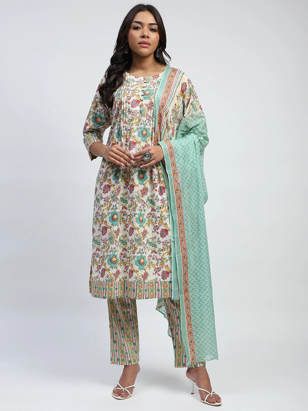 Green Floral Embroidered Suit Set - Global Republic