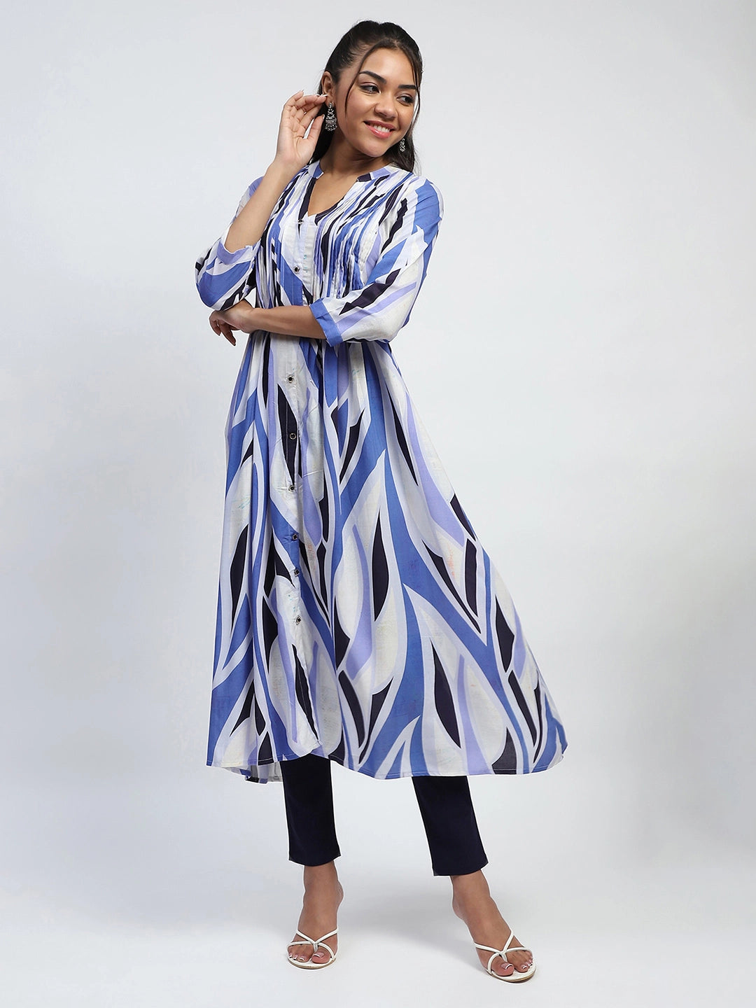 Blue Abstract Cotton Long Kurta/Dress - Global Republic