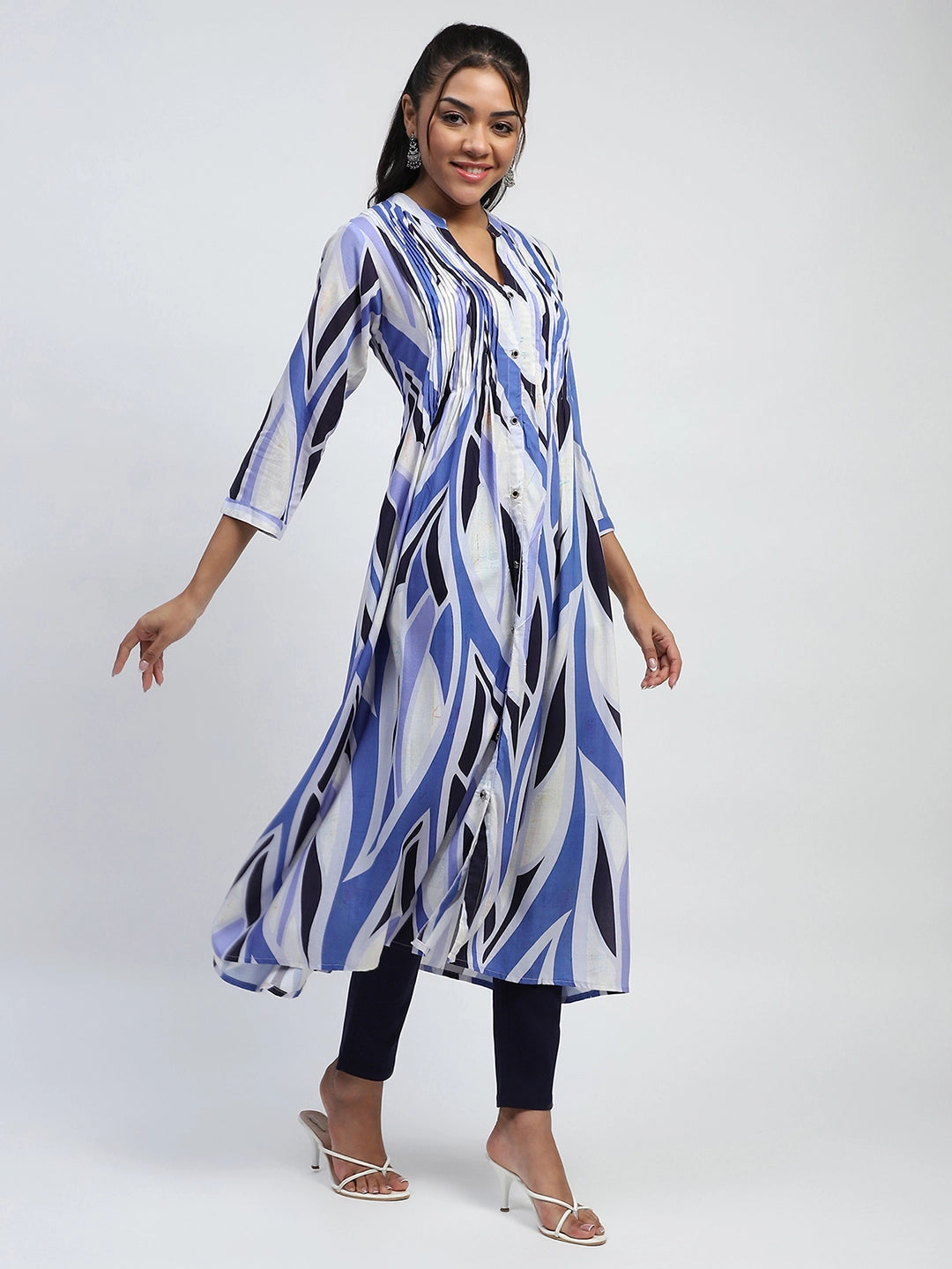 Blue Abstract Cotton Long Kurta/Dress - Global Republic