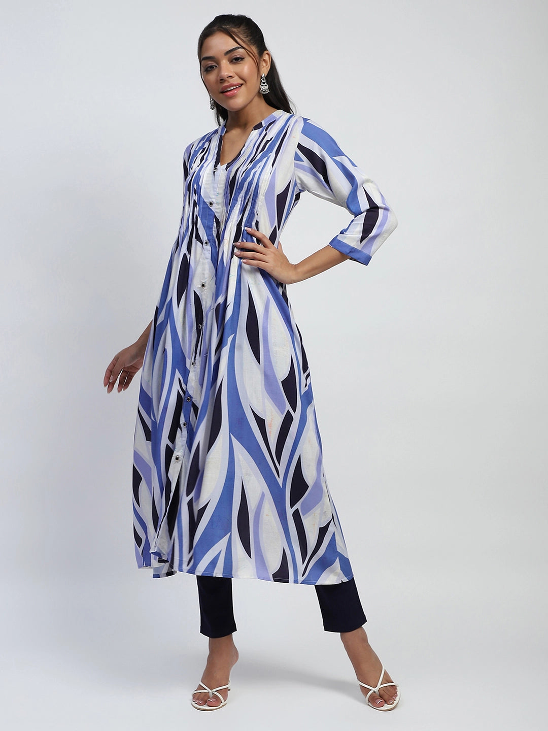 Blue Abstract Cotton Long Kurta/Dress - Global Republic