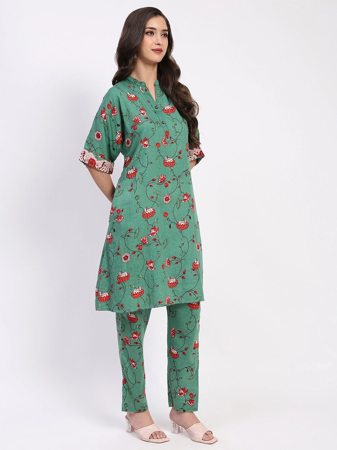 Green Ethnic Print Cotton Kurta Set - Global Republic