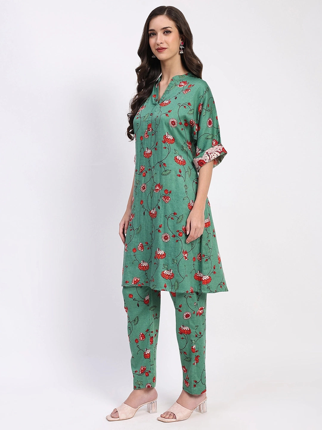 Green Ethnic Print Cotton Kurta Set - Global Republic