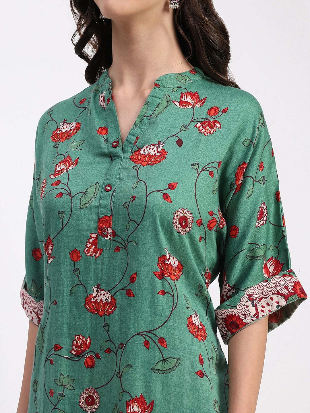 Green Ethnic Print Cotton Kurta Set - Global Republic