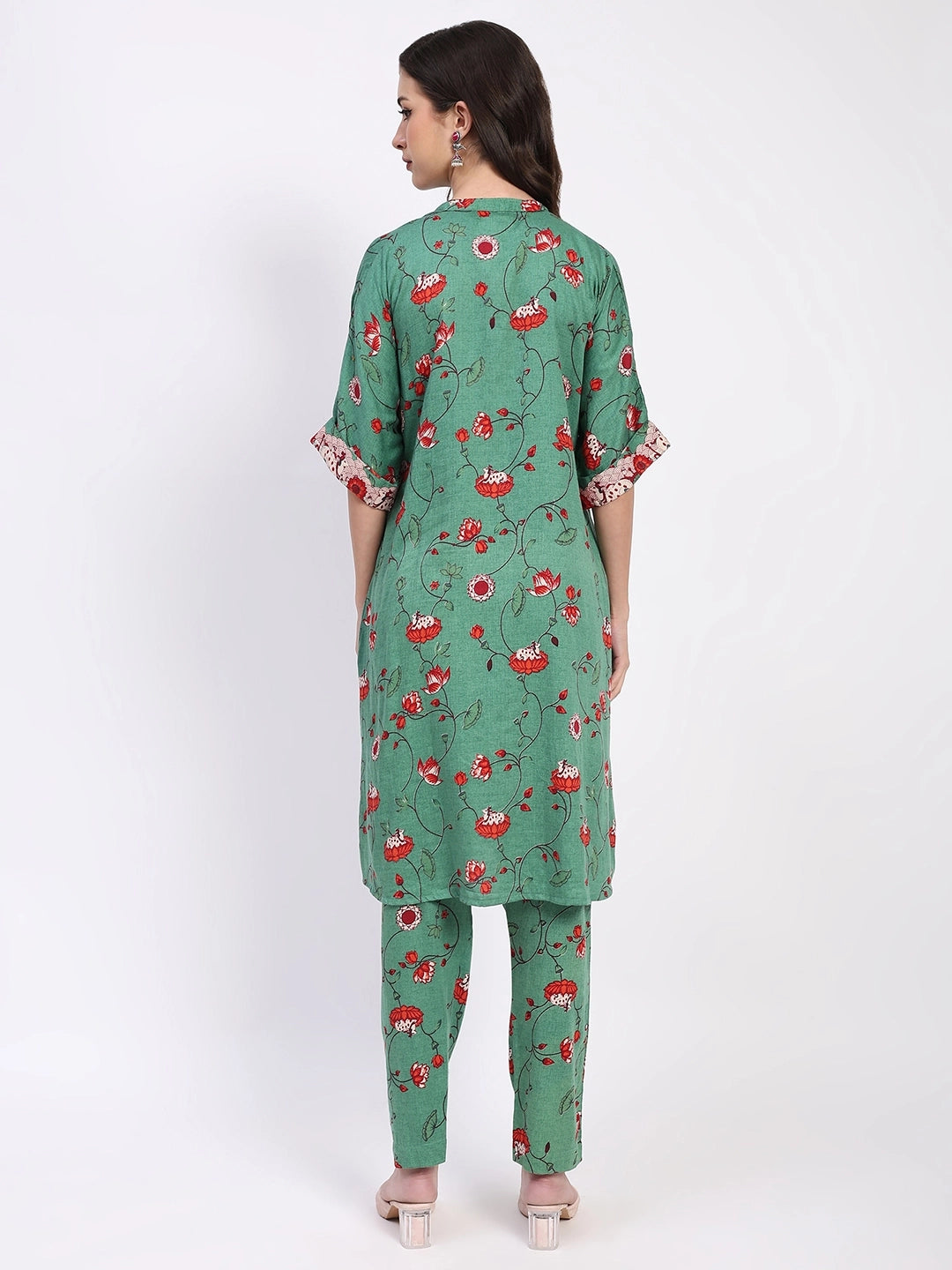 Green Ethnic Print Cotton Kurta Set - Global Republic