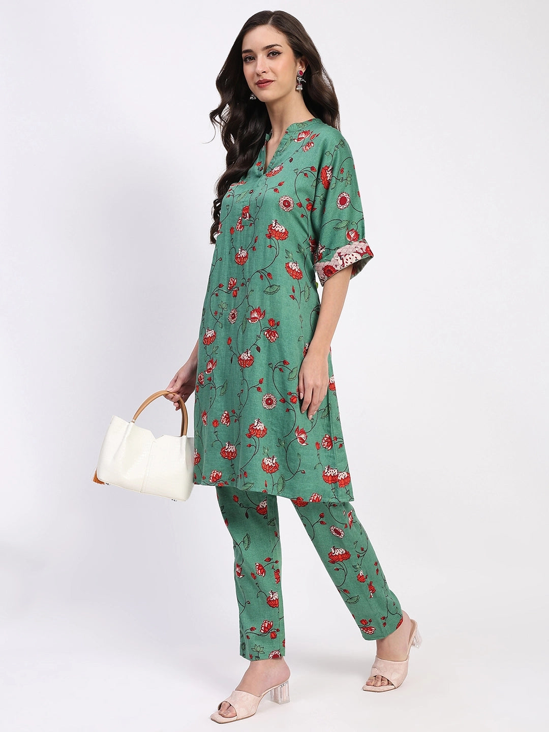 Green Ethnic Print Cotton Kurta Set - Global Republic
