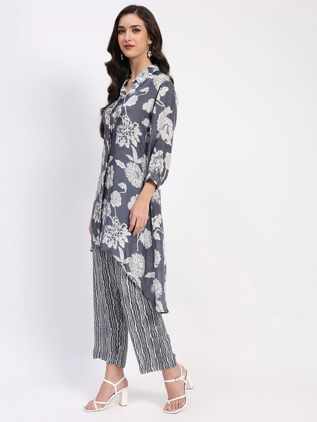 Grey Floral Crepe Kurta Set - Global Republic